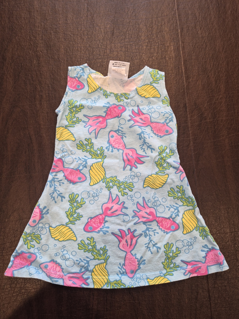Girls Flap Happy Blue Cotton Dress with Pink & Yellow Sea Motif Sz 12 Months